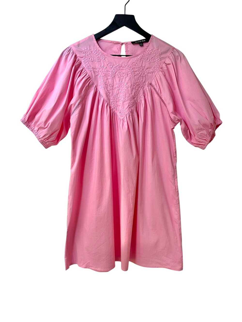 Strut & Bolt Pink Embroidered Puff Sleeve Mini Dress